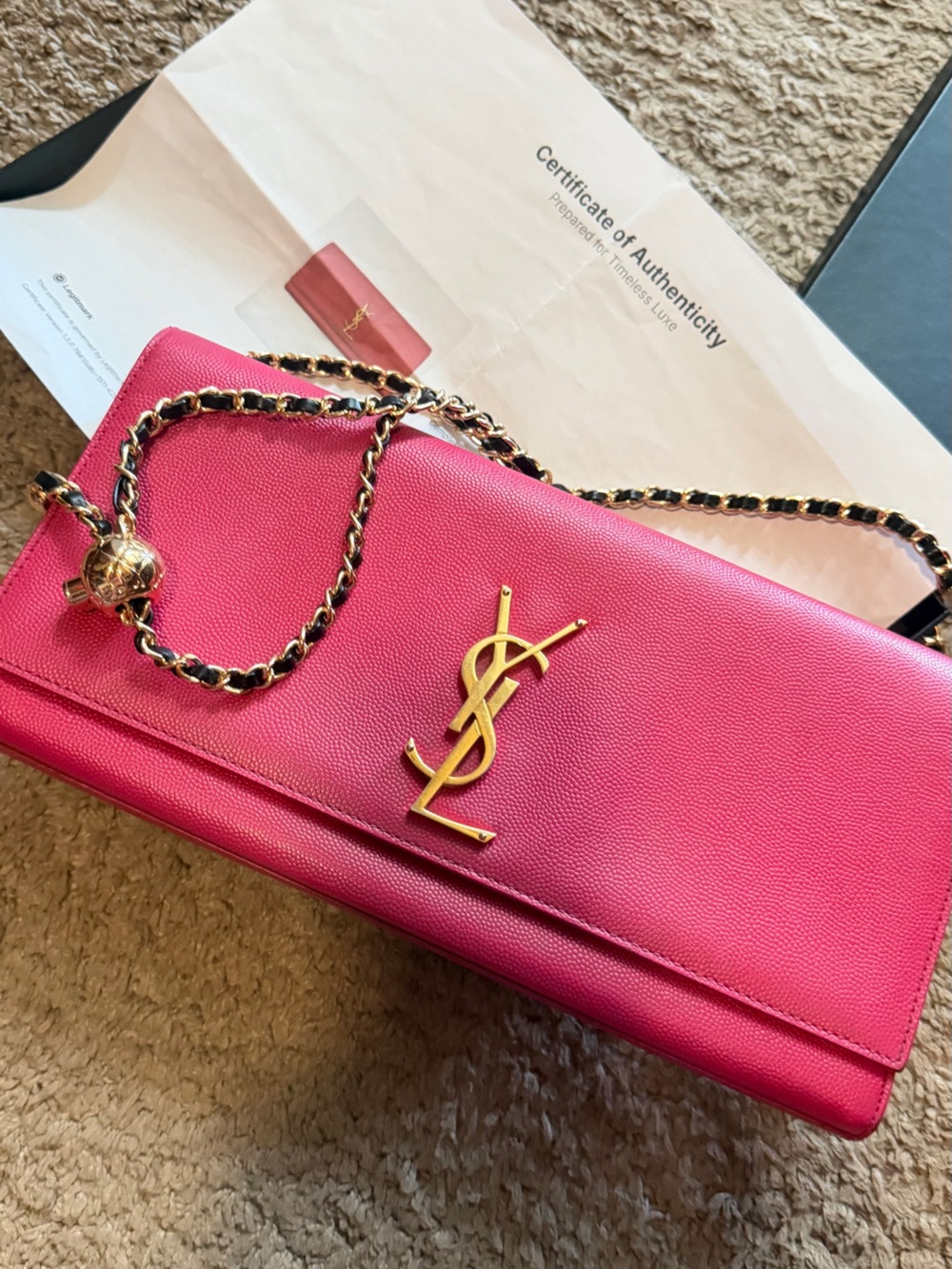 Saint Laurent Hot Pink Leather Chain Crossbody with Gold YSL Logo
